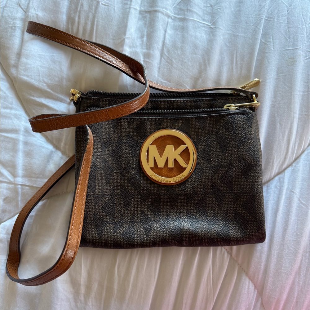 Michael Kors Dark Brown Crossbody Bag with Gold Accents